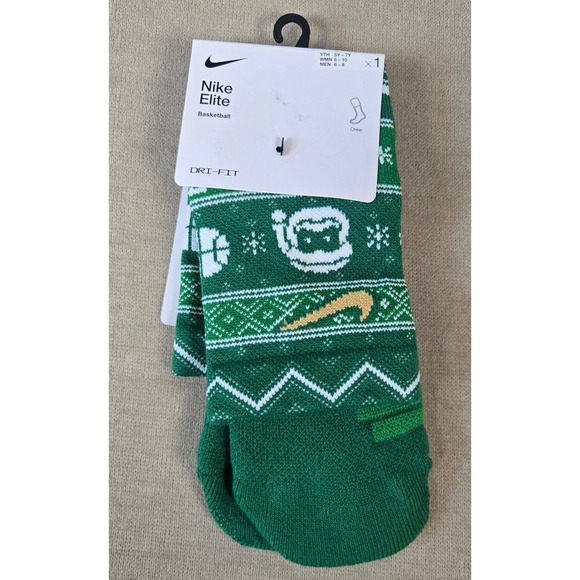 Nike Elite Basketball Crew Socks Green Holiday Youth 5-7y, Women 6-10 men 6-8 - Picture 1 of 3